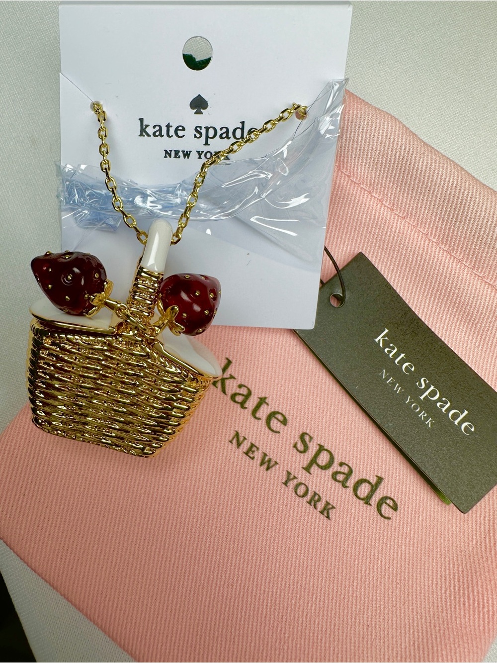 kate spade Gold Basket Necklace with Red Strawberry Charms